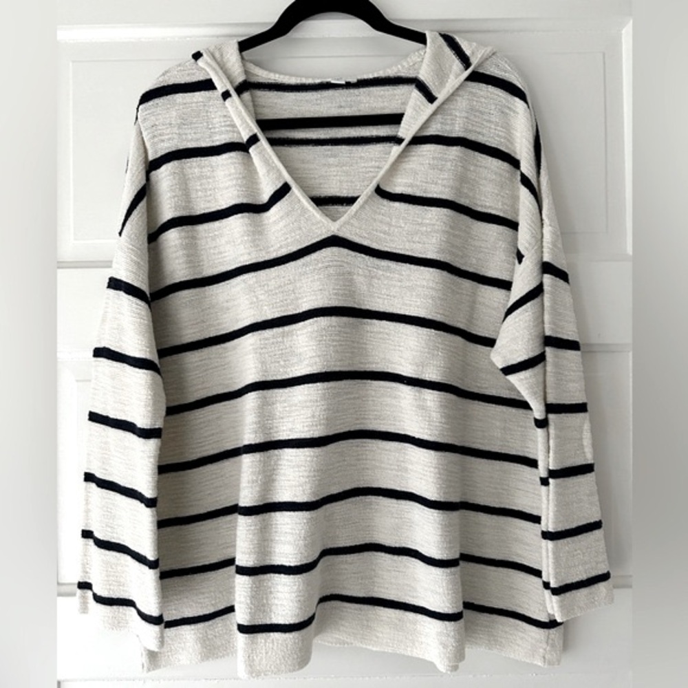 J.Jill Classic Hooded Striped Pullover Sweater in black and cream.